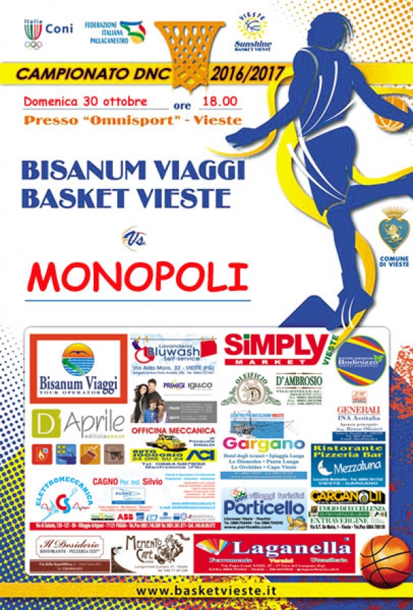 Basket Serie C Silver/ Oggi all'Omnisport Bisanum Vieste - Monopoli