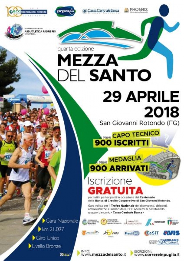 Domenica 29 Aprile 2018, San Giovanni Rotondo – Iscrizione gratuita per tutti alla MEZZA DEL SANTO 2018  –