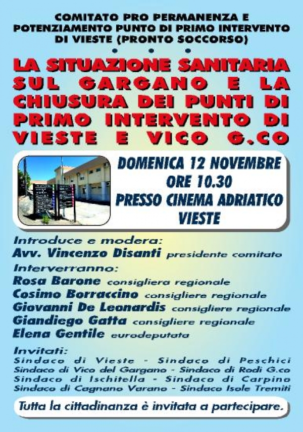 \"Aumentano a 4 i consiglieri regionali all'incontro di domenica sulla chiusura dei PPI di Vieste e Vico del Gargano.
