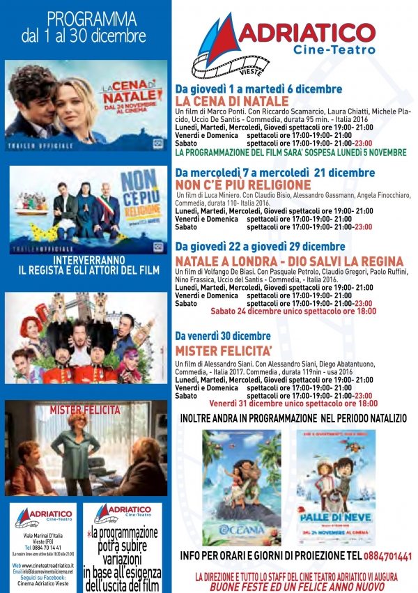 CineTeatroAdriaticoVieste/ I Films in programmazione dal 1 al 30 dicembre