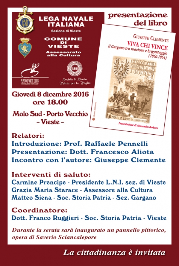 VIVA CHI VINCE il libro di Giuseppe Clemente verr presentato alla Lega Navale di Vieste gioved 8 dicembre alle ore 18,00.