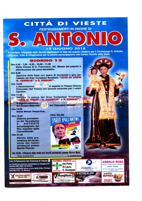 Vieste/ Pronto il programma Festeggiamenti di S. Antonio, via alla raccolta fondi - 13 giugno 2018 -