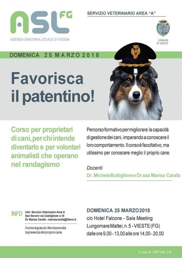 Vieste: domenica 25 corso gratuito per patentino gestione cane